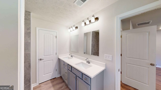 bathroom featuring vanity, wood-type flooring, and a textured ceiling