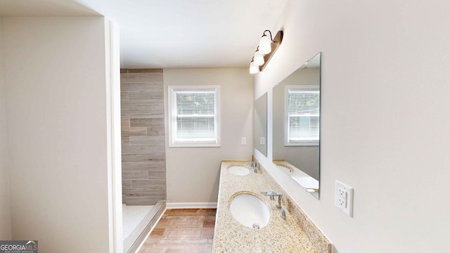 bathroom with walk in shower, vanity, and hardwood / wood-style flooring