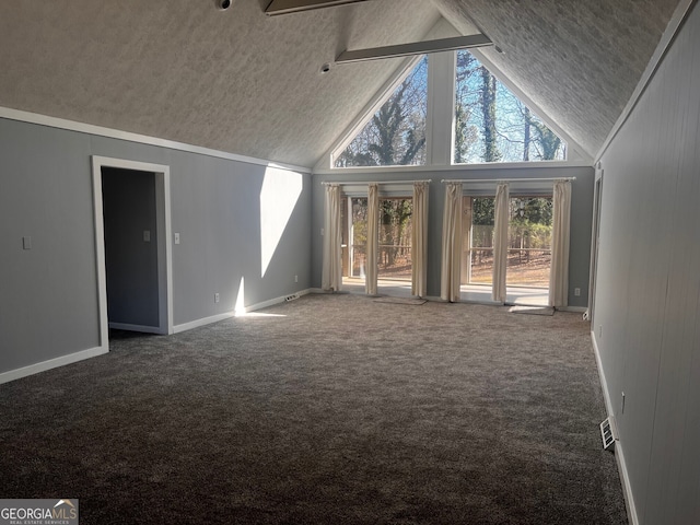 interior space with baseboards, a textured ceiling, high vaulted ceiling, and carpet flooring