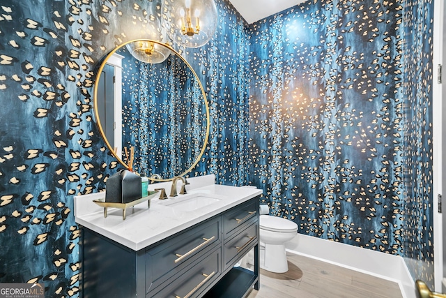 bathroom featuring vanity, hardwood / wood-style flooring, and toilet