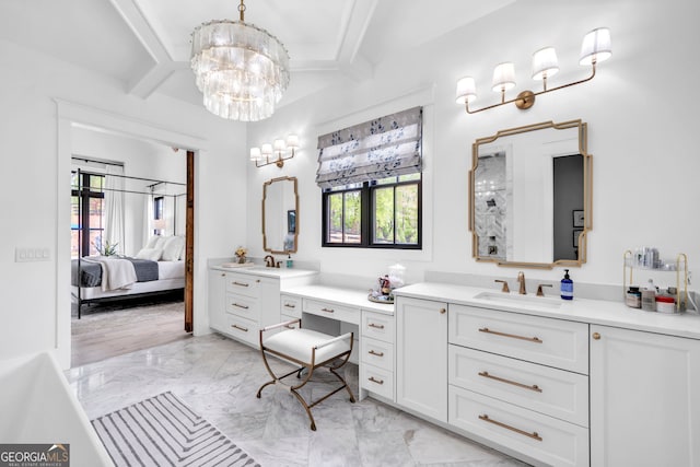 bathroom with an inviting chandelier, vanity, beam ceiling, and coffered ceiling