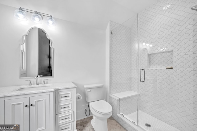 bathroom featuring vanity, toilet, and walk in shower