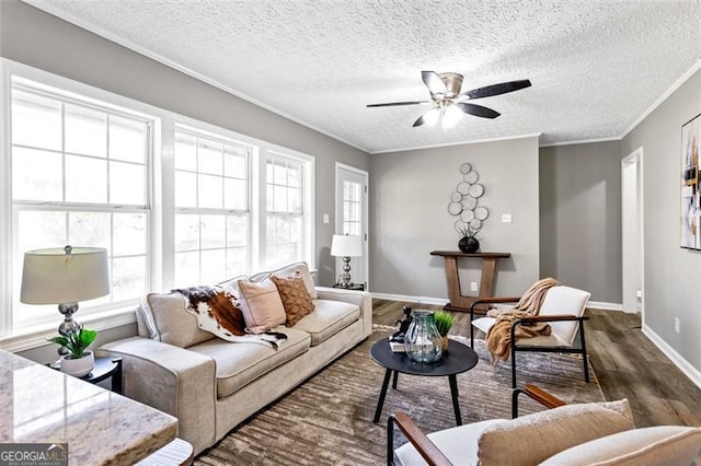2745 Fairlane Dr, Atlanta, GA 30354 - living room with dark wood-style flooring, a ceiling fan, ornamental molding, and a textured ceiling