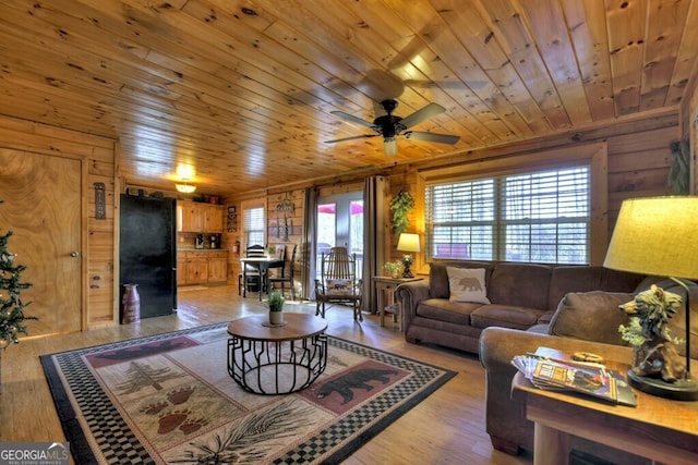 living room featuring wood ceiling, wood walls, ceiling fan, and light wood-type flooring