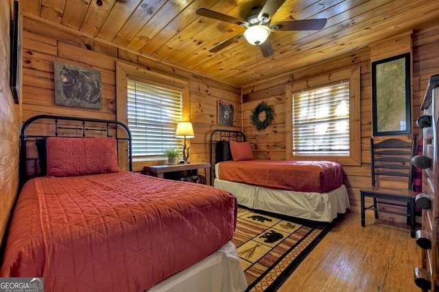 bedroom featuring wood walls, wooden ceiling, and light hardwood / wood-style flooring