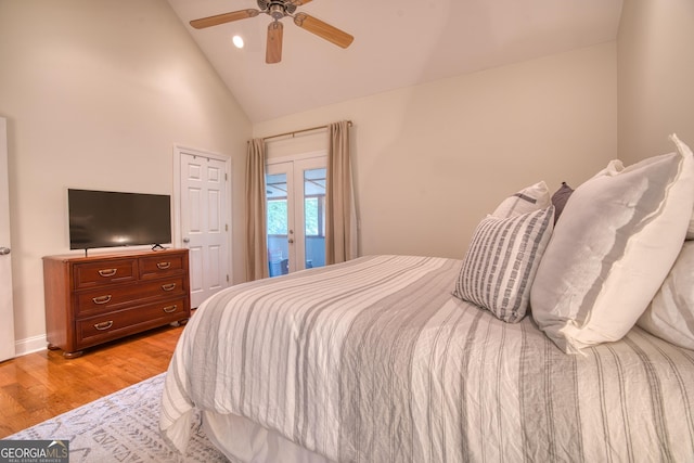 bedroom with ceiling fan, high vaulted ceiling, access to exterior, and light wood-type flooring