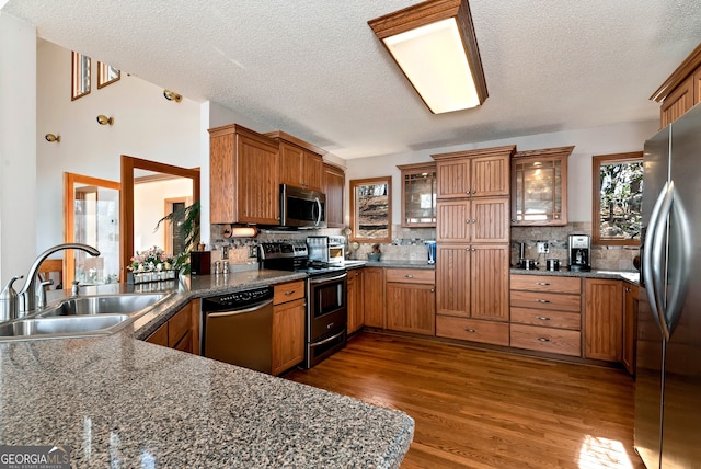 kitchen featuring dark wood-type flooring, stainless steel appliances, sink, and decorative backsplash