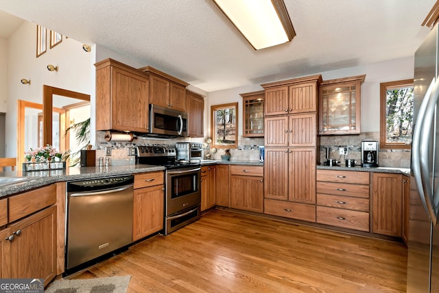 kitchen featuring tasteful backsplash, appliances with stainless steel finishes, a healthy amount of sunlight, and light wood-type flooring