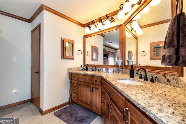 bathroom featuring tile patterned flooring, crown molding, and vanity