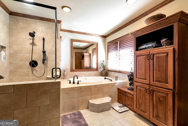 bathroom featuring crown molding, tile patterned floors, and independent shower and bath