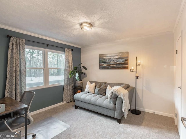 carpeted office space featuring a textured ceiling, baseboards, and ornamental molding