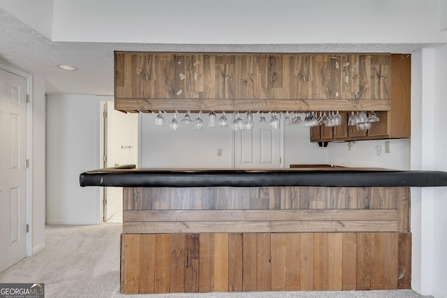 bar with light colored carpet and a textured ceiling