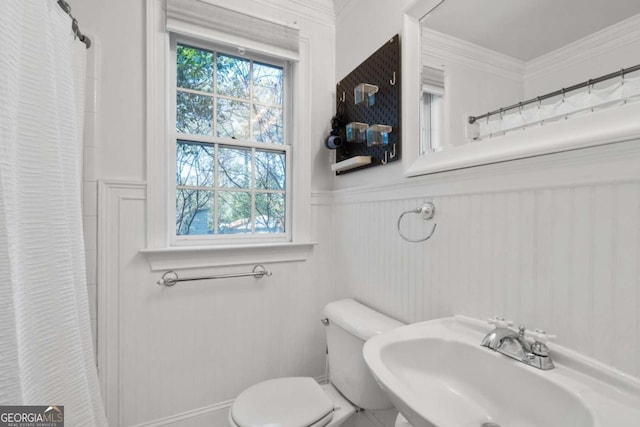 bathroom featuring sink, ornamental molding, and toilet