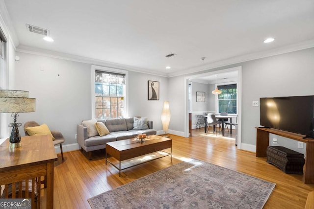 living room featuring ornamental molding and light hardwood / wood-style floors