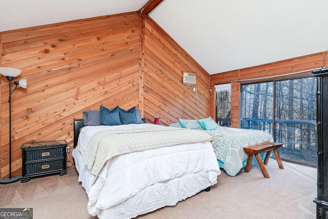 carpeted bedroom featuring a wall mounted air conditioner, vaulted ceiling, and wood walls