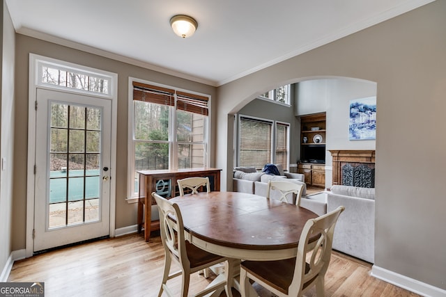 dining space featuring crown molding and light hardwood / wood-style floors