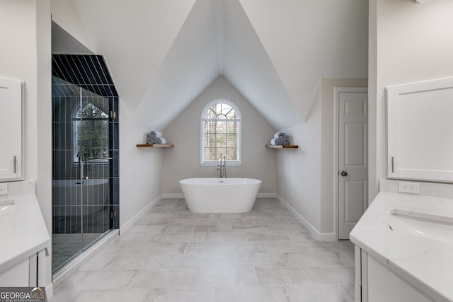 bathroom featuring lofted ceiling, vanity, and plus walk in shower