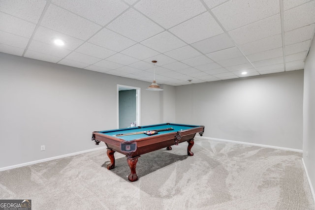 game room featuring billiards, a paneled ceiling, and carpet floors