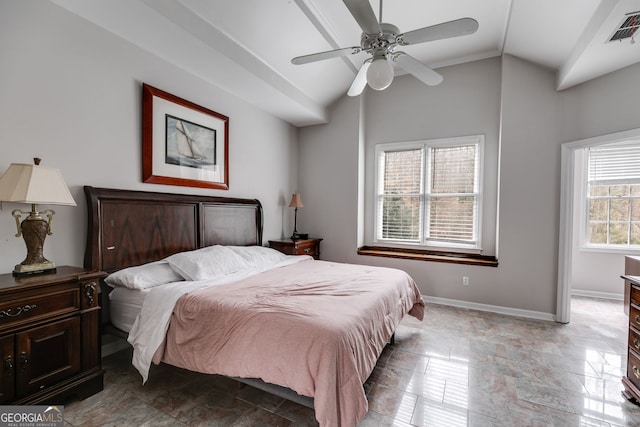 bedroom with lofted ceiling and ceiling fan