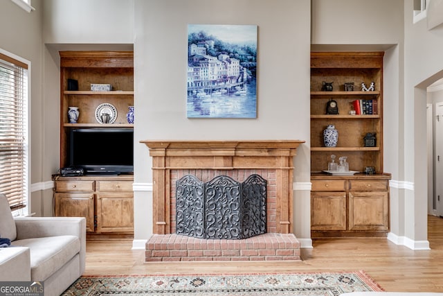 living room featuring a fireplace, light hardwood / wood-style floors, and built in features