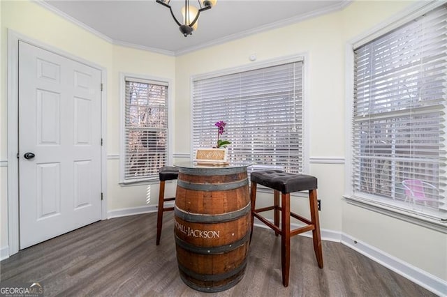 interior space with dark wood-type flooring and ornamental molding