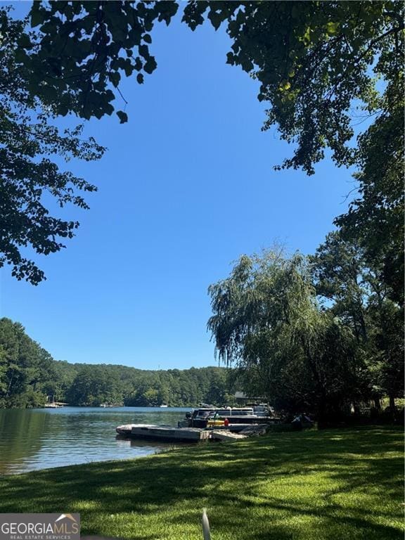 view of property's community featuring a water view, a forest view, and a lawn