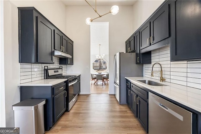 kitchen featuring sink, light hardwood / wood-style flooring, backsplash, stainless steel appliances, and a chandelier