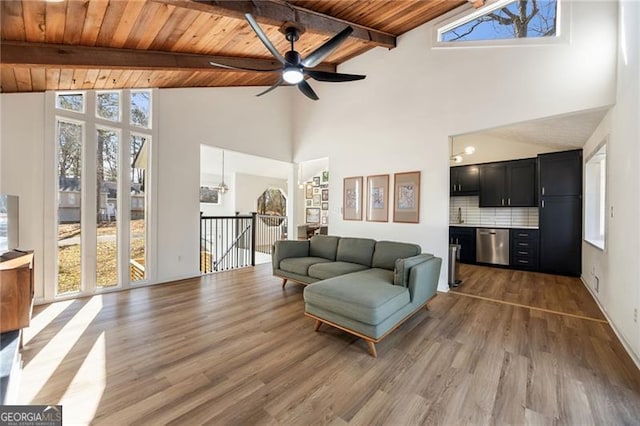 living room with wood ceiling, hardwood / wood-style floors, and lofted ceiling with beams