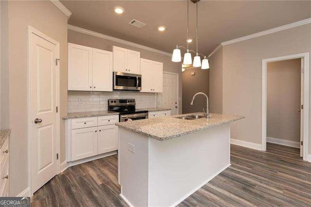 kitchen with white cabinetry, stainless steel appliances, sink, and a kitchen island with sink