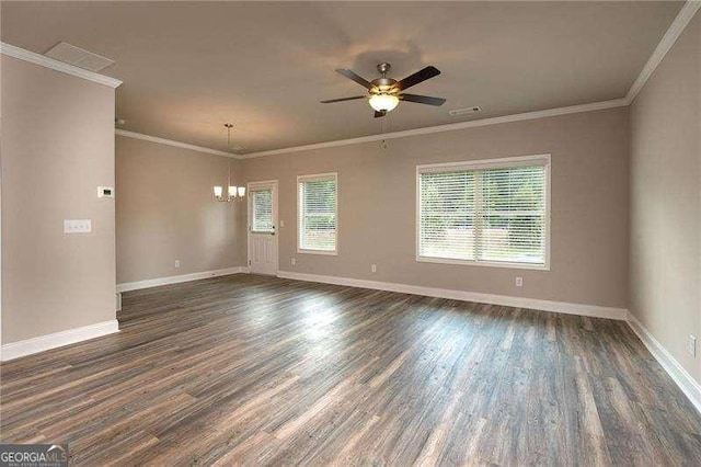 unfurnished room with ornamental molding, dark hardwood / wood-style flooring, and ceiling fan with notable chandelier