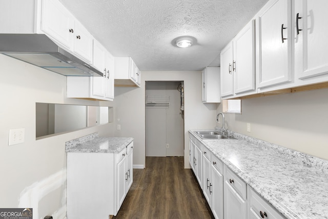 kitchen featuring sink, dark wood-type flooring, white cabinets, and a textured ceiling