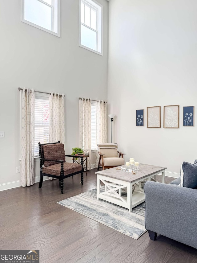 living room with dark wood-type flooring and a high ceiling