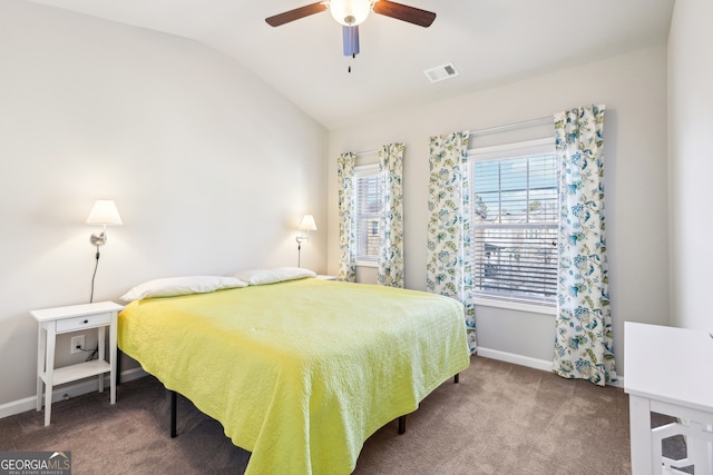 carpeted bedroom with lofted ceiling and ceiling fan