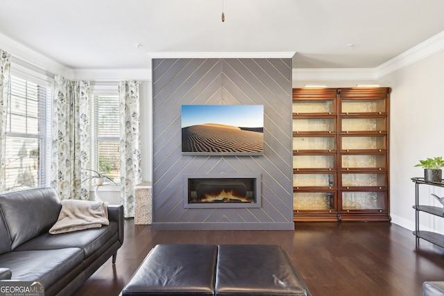 living room with crown molding, a large fireplace, and dark hardwood / wood-style flooring