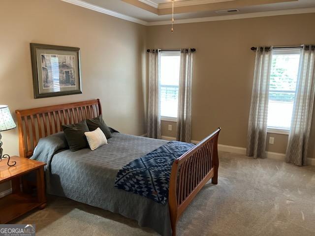 bedroom with visible vents, baseboards, a raised ceiling, crown molding, and carpet flooring