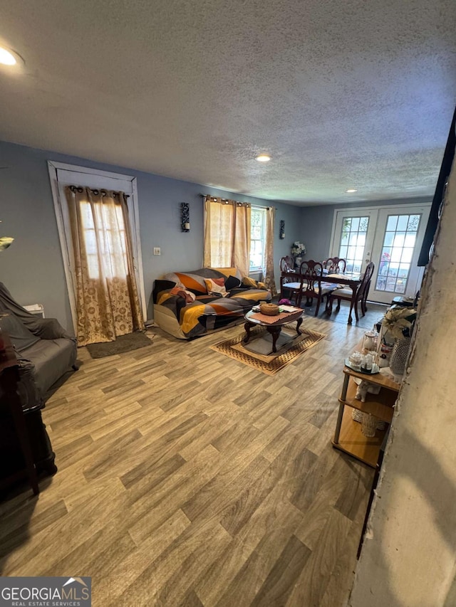 living room featuring light hardwood / wood-style flooring and a textured ceiling