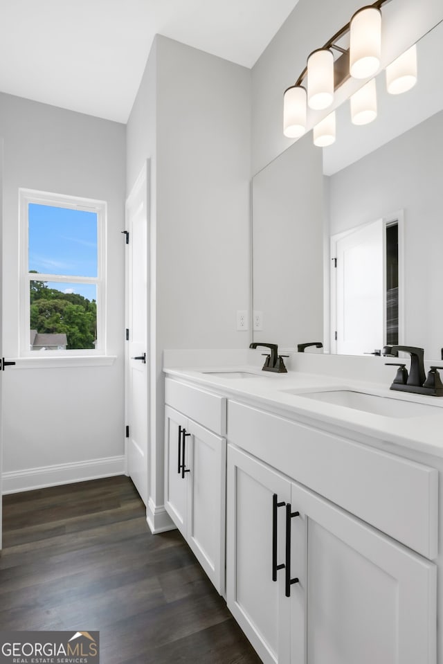 39 Pecan Ct, Hoschton, GA 30548 - bathroom with wood finished floors, baseboards, and double vanity