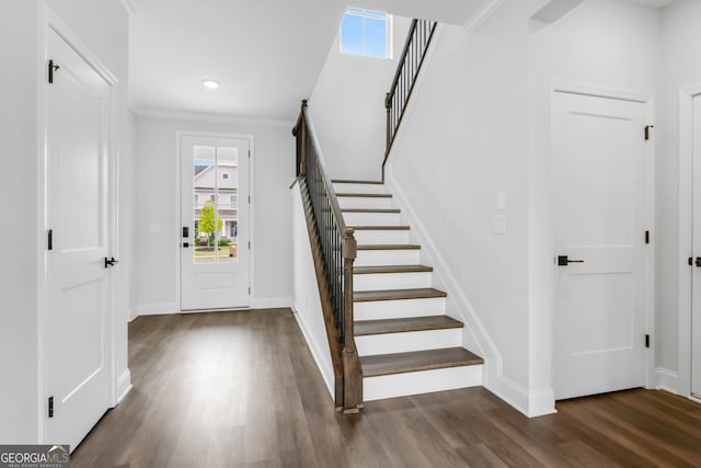 39 Pecan Ct, Hoschton, GA 30548 - foyer with stairway, wood finished floors, crown molding, baseboards, and recessed lighting