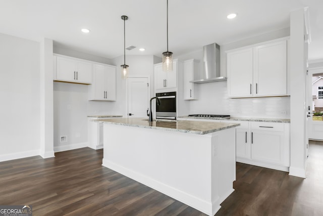 39 Pecan Ct, Hoschton, GA 30548 - kitchen featuring wall chimney range hood, white cabinets, dark wood-style floors, decorative backsplash, and recessed lighting