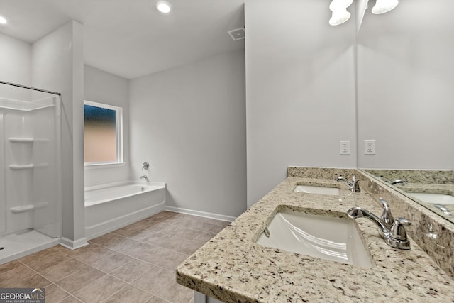 bathroom featuring vanity, separate shower and tub, and tile patterned floors