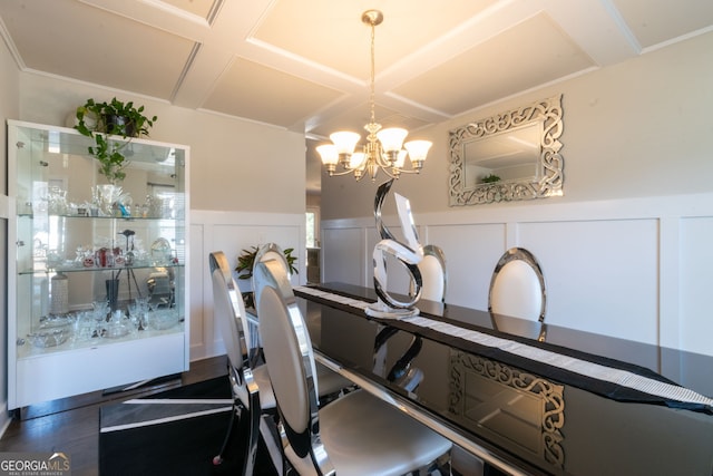 interior details with coffered ceiling, hardwood / wood-style floors, and a chandelier