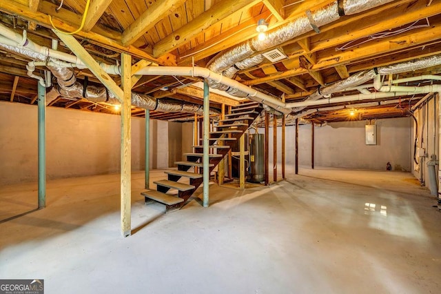 6467 Joanna St, Lithia Springs, GA 30122 - unfinished basement featuring stairway, water heater, and electric panel