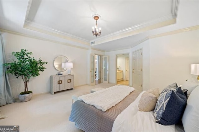 bedroom featuring an inviting chandelier, crown molding, a raised ceiling, and light carpet