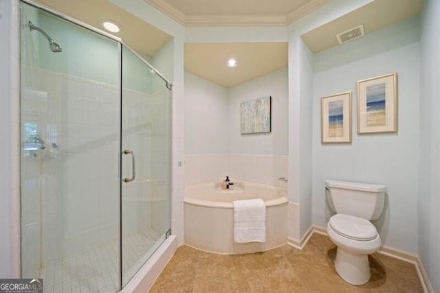 bathroom with tile patterned flooring, ornamental molding, independent shower and bath, and toilet