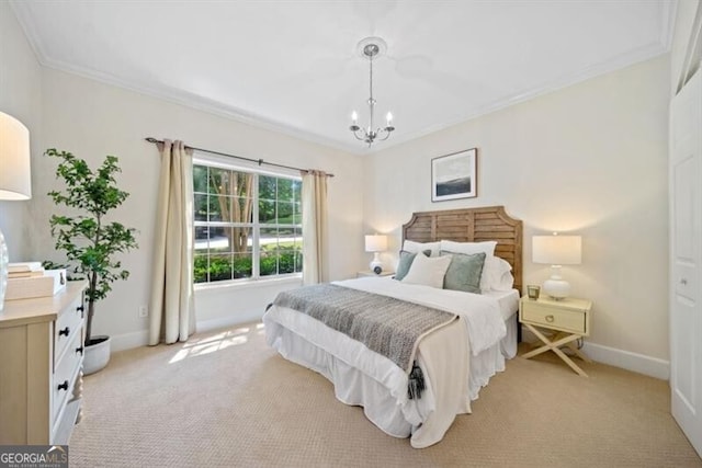 bedroom with ornamental molding, light colored carpet, and an inviting chandelier