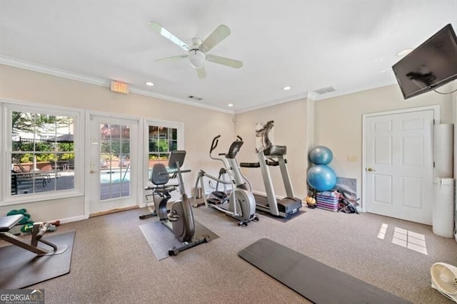 exercise area featuring crown molding and ceiling fan