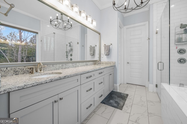 bathroom featuring an enclosed shower, ornamental molding, a chandelier, and vanity