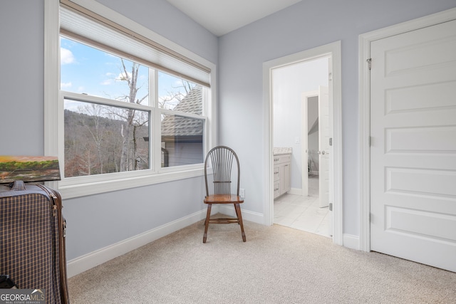 living area featuring light colored carpet