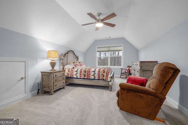 carpeted bedroom with lofted ceiling and ceiling fan