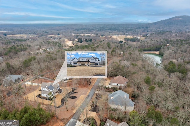 drone / aerial view featuring a water and mountain view